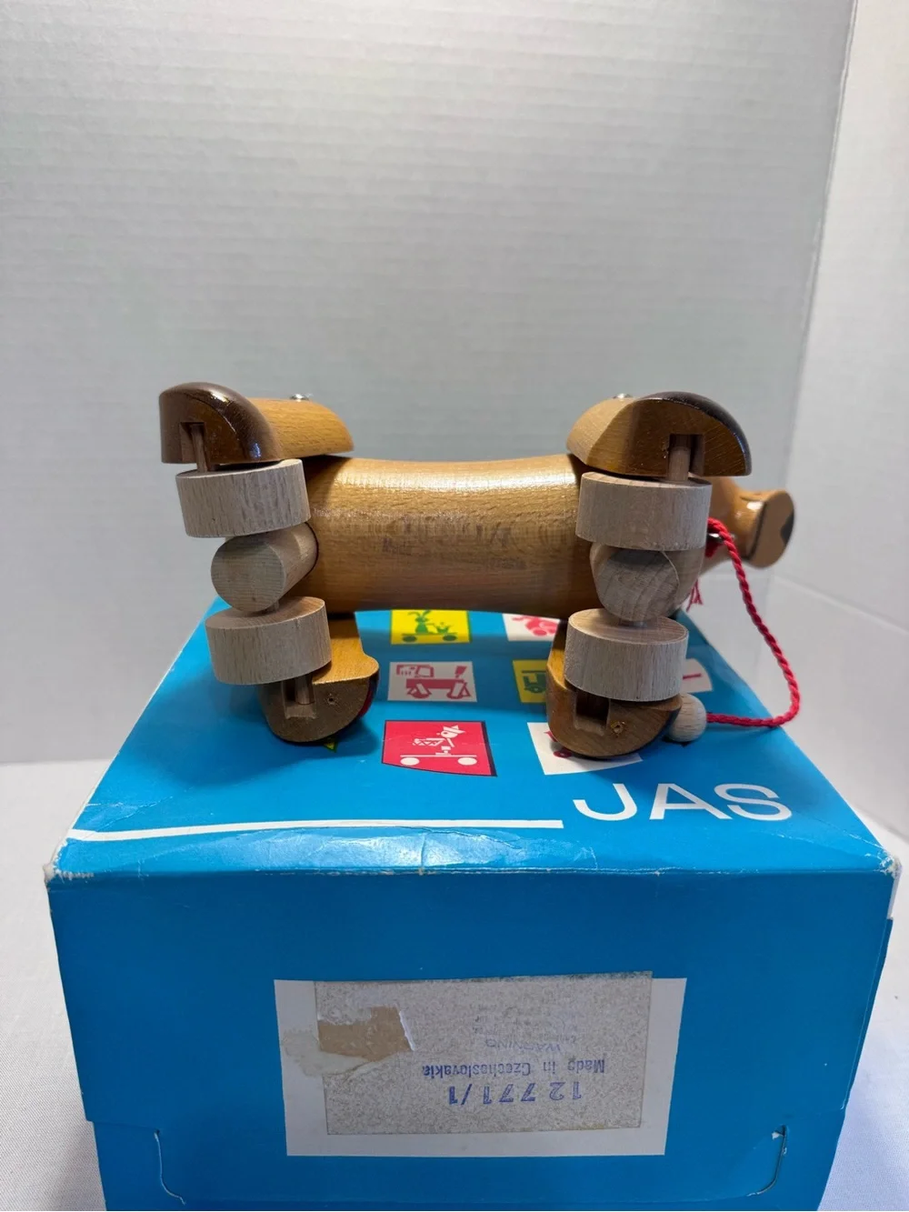 Vintage JAS Czechoslovakia Wooden Dachshund Pull Toy - 1970s Mid-Century Modern